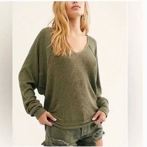 Free People Olive Waffle Knit Scoop Neck Long Sleeve Top